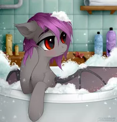 Size: 1200x1250 | Tagged: safe, artist:vird-gi, derpibooru import, oc, oc:desire, unofficial characters only, bat pony, pony, bat pony oc, bath, bathroom, bathtub, blushing, bubble bath, candle, cute, fangs, female, fluffy, mare, shampoo, solo