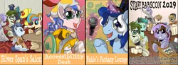 Size: 1280x470 | Tagged: safe, artist:lostinthetrees, derpibooru import, oc, oc:bonita, oc:golden gates, oc:silver span, oc:trees, unofficial characters only, earth pony, pegasus, pony, babscon, coffee, computer, female, laptop computer, mare, printer