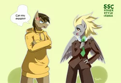 Size: 2532x1745 | Tagged: safe, artist:traupa, derpibooru import, derpy hooves, doctor whooves, time turner, anthro, earth pony, pegasus, alternate hairstyle, clothes, clothes swap, crossdressing, cross-popping veins, female, hoodie, looking at each other, male, mane swap, necktie, simple background, sudden style change