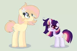 Size: 768x510 | Tagged: safe, artist:moon-rose-rosie, derpibooru import, oc, oc:celestial moon, oc:magnolia, unofficial characters only, pegasus, pony, unicorn, female, magical lesbian spawn, mare, offspring, parent:bulk biceps, parent:fluttershy, parent:rainbow dash, parent:twilight sparkle, parents:flutterbulk, parents:twidash, simple background, size difference