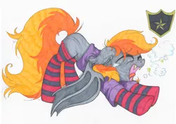 Size: 4965x3510 | Tagged: safe, artist:mercyantebellum, derpibooru import, oc, oc:grem, unofficial characters only, bat pony, bat pony oc, clothes, commission, cute, cutie mark, fangs, grembetes, hoodie, socks, solo, stretching, striped socks, traditional art, yawn