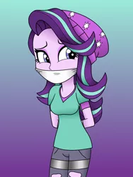 Size: 3000x4000 | Tagged: suggestive, artist:nightrain54, derpibooru import, starlight glimmer, equestria girls, mirror magic, spoiler:eqg specials, arm behind back, bondage, bound, bound and gagged, breasts, cloth gag, female, gag, hat, solo, tape, tied up