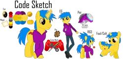 Size: 6850x3319 | Tagged: safe, artist:haybale100, derpibooru import, oc, oc:code sketch, unofficial characters only, robot, unicorn, equestria girls, absurd resolution, clothes, colt, controller, crossed legs, cutie mark, equestria girls-ified, foal, hoodie, male, pet, pin, reference sheet, rule 63, screwdriver, simple background, stallion, transparent background, wrench