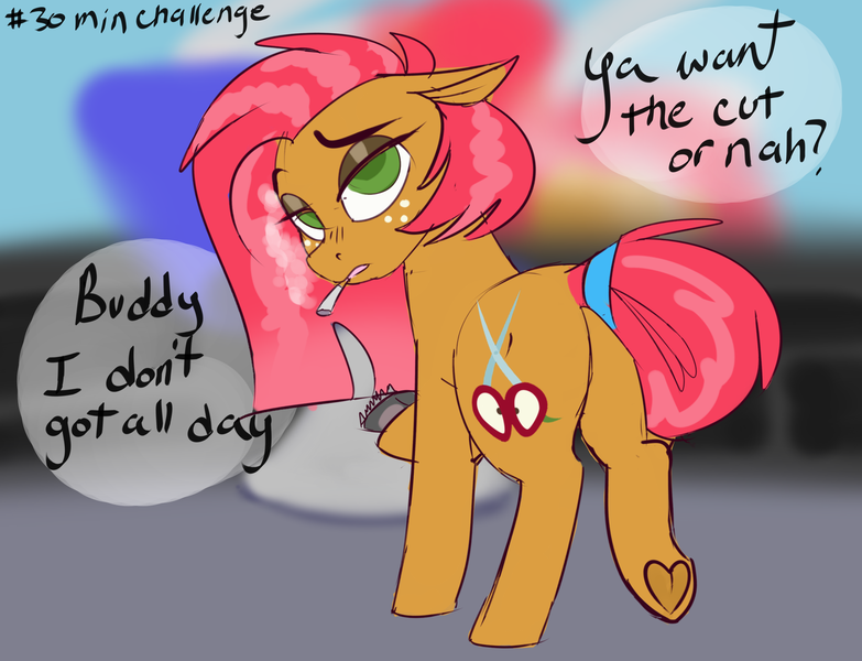 Size: 3000x2300 | Tagged: 30 minute art challenge, artist:veesocks, babs seed, cigarette, derpibooru import, dialogue, impatient, mirror, older, safe, salon, smoking, underhoof