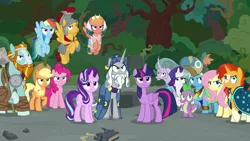 Size: 1280x720 | Tagged: safe, derpibooru import, screencap, applejack, flash magnus, fluttershy, meadowbrook, mistmane, pinkie pie, rainbow dash, rarity, rockhoof, somnambula, spike, star swirl the bearded, starlight glimmer, sunburst, twilight sparkle, twilight sparkle (alicorn), alicorn, dragon, pony, shadow play, angry, book, clothes, female, ground, hat, healer's mask, helmet, male, mane seven, mane six, mare, mask, pillars of equestria, robe, rockhoof's shovel, shield, shovel, stallion, tree