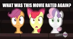 Size: 1387x743 | Tagged: safe, derpibooru import, edit, edited screencap, screencap, apple bloom, scootaloo, sweetie belle, earth pony, pegasus, pony, unicorn, one bad apple, cannot unsee, caption, cutie mark crusaders, female, hub logo, image macro, meme, movie, shocked