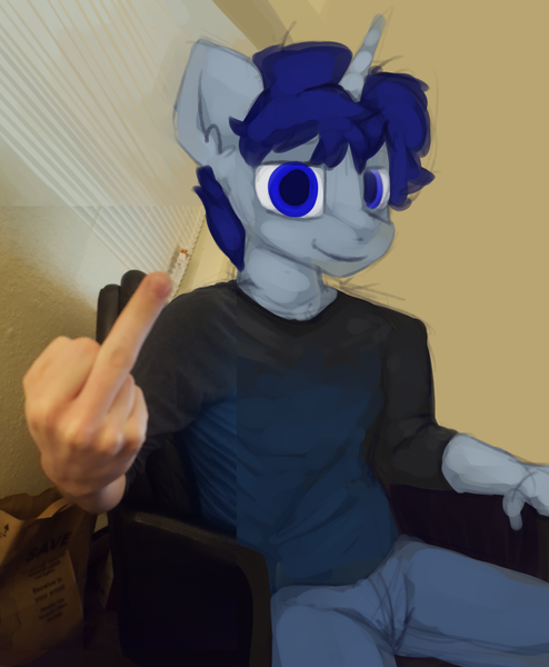 Size: 1225x1489 | Tagged: safe, artist:marsminer, derpibooru import, oc, oc:sleepy head, unofficial characters only, anthro, unicorn, irl, male, middle finger, photo, solo, vulgar