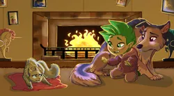 Size: 12000x6600 | Tagged: absurd resolution, alternate universe, artist:earthsong9405, cat, catified, clothes, derpibooru import, dog, dogified, female, fireplace, fluffy au, hoodie, human, humanized, human spike, pants, raricat, rarity, safe, species swap, spike, surprised, twilight barkle, twilight sparkle