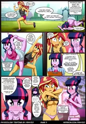 Size: 1485x2140 | Tagged: suggestive, artist:pshyzomancer, derpibooru import, sci-twi, sunset shimmer, twilight sparkle, comic:physiology testing, equestria girls, armpits, belly button, blushing, breasts, clothes, colored, comic, embarrassed, embarrassed underwear exposure, faceplant, female, flexible, gym shorts, gymnastics, lesbian, midriff, panties, pink underwear, running, scitwishimmer, shipping, shirt, shirt lift, shoes, shorts, sneakers, stretching, stripping, sunsetsparkle, tanktop, tripped, underboob, underwear, undressing, we don't normally wear clothes, white underwear, yoga