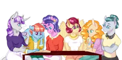 Size: 3700x1838 | Tagged: safe, artist:gigason, derpibooru import, cloudy quartz, cookie crumbles, pear butter, posey shy, twilight velvet, windy whistles, anthro, earth pony, pegasus, unicorn, book, clothes, female, mare, mom six, pants, reading, shirt, simple background, transparent background