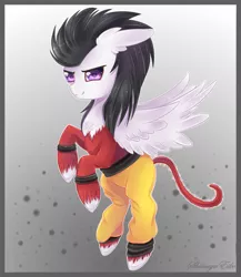 Size: 1905x2190 | Tagged: safe, artist:shimayaeiko, derpibooru import, oc, oc:pipe dream, unofficial characters only, pegasus, pony, chest fluff, clothes, crossover, dragon ball gt, fluffy, flying, long mane, male, monkey tail, super saiyan 4