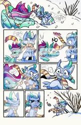 Size: 6600x10200 | Tagged: safe, artist:lytlethelemur, derpibooru import, oc, oc:gimbal lock, oc:rally point, pegasus, pony, comic:fly with me, littlepartycomics, absurd resolution, adventure, clothes, comic, crying, cute, scarf, snow, tree, wildabeard