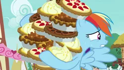 Size: 1280x720 | Tagged: safe, derpibooru import, screencap, rainbow dash, pegasus, pony, secrets and pies, female, food, lemon meringue pie, mare, nervous, pecan pie, pie, solo, strawberry, strawberry pie, sweat