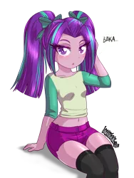 Size: 1600x2133 | Tagged: safe, artist:danmakuman, derpibooru import, aria blaze, equestria girls, baka, belly button, blushing, clothes, looking at you, midriff, shorts, simple background, solo, speech bubble, talking, transparent background, tsundaria, tsundere, younger