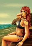 Size: 772x1080 | Tagged: suggestive, artist:switch900v, derpibooru import, sunset shimmer, human, equestria girls, equestria girls series, armpits, beach, bikini, breasts, clothes, female, humanized, sitting, solo, solo female, swimsuit