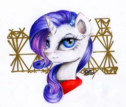 Size: 1024x870 | Tagged: safe, artist:lailyren, artist:moonlight-ki, derpibooru import, rarity, unicorn, bust, clothes, female, looking at you, mare, solo, traditional art
