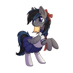 Size: 3000x3000 | Tagged: safe, artist:senaelik, derpibooru import, oc, unofficial characters only, pegasus, pony, bipedal, bow, bread, clothes, female, food, mare, mouth hold, request, school uniform, schoolgirl toast, simple background, socks, solo, toast, transparent background