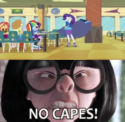Size: 829x814 | Tagged: safe, derpibooru import, edit, edited screencap, screencap, rarity, best trends forever, equestria girls, equestria girls series, best trends forever: twilight sparkle, cape, clothes, edna mode, no capes, the incredibles