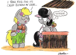 Size: 2199x1612 | Tagged: suggestive, artist:bobthedalek, derpibooru import, oc, oc:mixed melody, oc:octavia's father, oc:octavia's mother, oc:ostinato melody, unofficial characters only, earth pony, pony, clothes, cocktail umbrella, coconut bikini, crossdressing, drink, female, flower, flower in hair, flower necklace, grass skirt, hat, male, mare, oc x oc, shipping, shirt, skirt, stallion, straight, traditional art