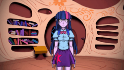 Size: 800x450 | Tagged: safe, artist:pedantczepialski, derpibooru import, twilight sparkle, equestria girls, alternate universe, animated, equestria girls: the parody series, gif, golden oaks library, looking at you, solo, thousand yard stare