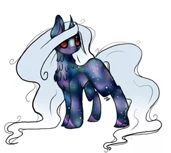 Size: 1024x914 | Tagged: safe, artist:purediamond360, derpibooru import, oc, oc:sheer galaxy, unicorn, black sclera, chibi, female, galaxy pony, mare, neck fluff, red eyes, simple background, solo, white background