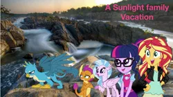 Size: 1946x1087 | Tagged: safe, derpibooru import, editor:superbobiann, gallus, sci-twi, silverstream, smolder, sunset shimmer, twilight sparkle, classical hippogriff, gryphon, hippogriff, equestria girls