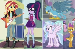 Size: 1674x1099 | Tagged: safe, derpibooru import, editor:superbobiann, gallus, sci-twi, silverstream, smolder, sunset shimmer, twilight sparkle, classical hippogriff, gryphon, hippogriff, equestria girls