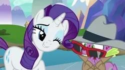 Size: 1280x720 | Tagged: safe, derpibooru import, screencap, rarity, spike, dragon, pony, unicorn, molt down, callback, duo, female, hat, male, mare, one eye closed, overcoat, she knows, stone scales, sunglasses, water, wink