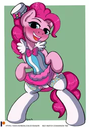 Size: 2864x4052 | Tagged: artist:kyokimute, blushing, bowtie, clothes, derpibooru import, dress, female, flashing, garter belt, garters, happy, hat, looking at you, open mouth, panties, pinkie pie, semi-anthro, skirt, skirt lift, smiling, socks, solo, standing, stockings, suggestive, thigh highs, underwear, white underwear, zettai ryouiki