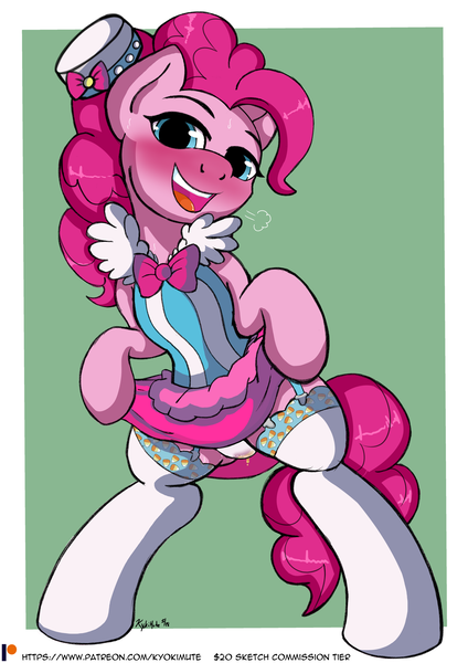 Size: 2864x4052 | Tagged: artist:rhk, blushing, bowtie, clothes, derpibooru import, dress, female, fetish, flashing, garter belt, happy, hat, looking at you, open mouth, panties, pinkie pie, pissing, questionable, semi-anthro, skirt, skirt lift, smiling, socks, solo, solo female, standing, thigh highs, underwear, urine, watersports, wetting, zettai ryouiki