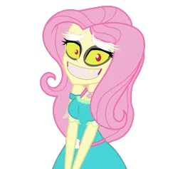 Size: 1900x1800 | Tagged: safe, artist:mashoart, derpibooru import, discord, fluttershy, equestria girls, equestria girls series, bare shoulders, bodysuit, crossdressing, cursed image, disguise, femboy discord, fluttershy suit, grin, jesus christ how horrifying, looking at you, male, nightmare fuel, oh god, shapeshifting, simple background, smiling, transparent background, trap, x was discord all along