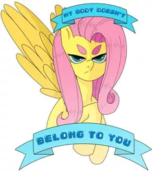 Size: 500x560 | Tagged: artist needed, safe, derpibooru import, fluttershy, pegasus, pony, captain obvious, female, feminism, feminist ponies, mare, mouthpiece, simple background, solo, subversive kawaii, thick eyebrows, white background