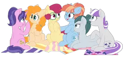 Size: 5797x2681 | Tagged: safe, artist:chub-wub, derpibooru import, cloudy quartz, cookie crumbles, pear butter, posey shy, twilight velvet, windy whistles, earth pony, pegasus, pony, unicorn, cute, female, looking at each other, mare, mats, mom six, one eye closed, pregnant, prone, raised hoof, simple background, sitting, smiling, transparent background, wink