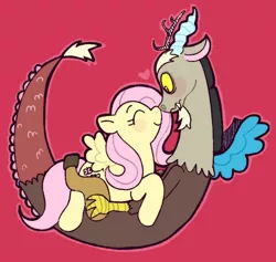 Size: 854x808 | Tagged: safe, artist:brae, artist:yolko, derpibooru import, discord, fluttershy, draconequus, pegasus, pony, blushing, boop, cute, discoshy, discute, eyes closed, female, heart, male, mare, noseboop, red background, shipping, simple background, smiling, straight