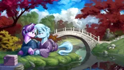 Size: 3840x2160 | Tagged: safe, artist:amarynceus, deleted from derpibooru, derpibooru import, starlight glimmer, trixie, classical unicorn, pony, unicorn, 4k, :t, alternate hairstyle, beautiful, bento, blushing, bridge, cheek fluff, clothes, cloven hooves, commission, cute, cutie mark, diatrixes, ear fluff, eye contact, female, fluffy, food, garden, glimmerbetes, grass, hair bun, high res, horn, horns are touching, implied lesbian, implied shipping, implied twiluna, kimono (clothing), leg fluff, leonine tail, lesbian, lidded eyes, looking at each other, mare, nature, neck fluff, outdoors, prone, reflection, rice, river, scenery, scenery porn, shipping, signature, smiling, startrix, stone, tree, unshorn fetlocks, wallpaper, water