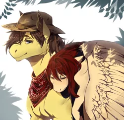 Size: 1194x1155 | Tagged: safe, artist:kasusei, derpibooru import, oc, oc:candlelight, oc:wanderheart, unofficial characters only, earth pony, pegasus, pony, blushing, clothes, cowboy hat, freckles, hat, male, neckerchief, riding, scarf, sleeping, wings