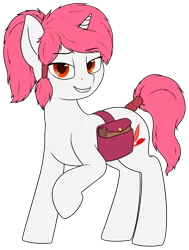 Size: 2725x3603 | Tagged: safe, artist:zippysqrl, derpibooru import, oc, oc:crimson prose, unofficial characters only, pony, unicorn, book, commission, female, looking at you, magic book, mare, ponytail, saddle bag, simple background, smiling, solo, tail wrap, transparent background