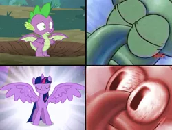 Size: 680x517 | Tagged: safe, derpibooru import, edit, spike, twilight sparkle, twilight sparkle (alicorn), alicorn, dragon, pony, magical mystery cure, molt down, angry, female, home sweet pineapple, i sleep, male, mare, meme, spongebob squarepants, spread wings, squidward tentacles, winged spike, wings