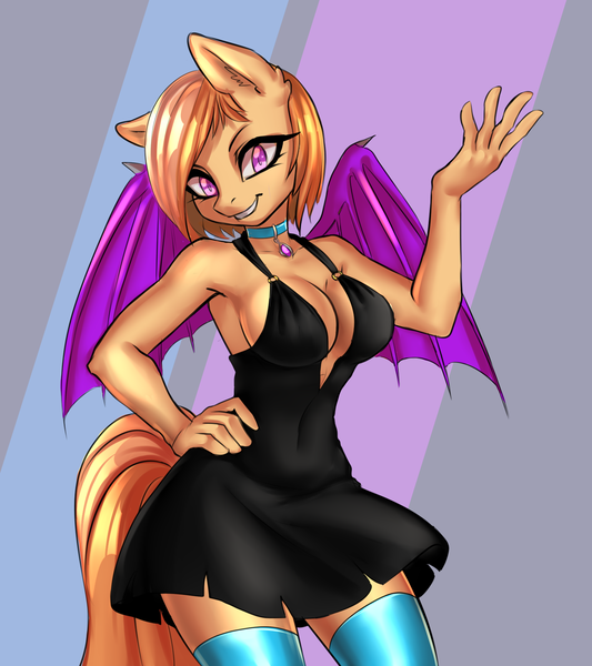 Size: 1600x1800 | Tagged: suggestive, artist:di-dash, derpibooru import, oc, oc:rias, unofficial characters only, anthro, bat, bat pony, absolute cleavage, anthro oc, armpits, bat pony oc, big breasts, breasts, choker, cleavage, clothes, dress, female, grin, jewelry, leggings, little black dress, looking at you, mare, pendant, smiling, socks, solo, solo female, thigh highs