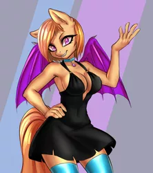 Size: 1600x1800 | Tagged: suggestive, artist:di-dash, derpibooru import, oc, oc:rias, unofficial characters only, anthro, bat, bat pony, absolute cleavage, anthro oc, armpits, bat pony oc, big breasts, breasts, choker, cleavage, clothes, dress, female, grin, jewelry, leggings, little black dress, looking at you, mare, pendant, smiling, socks, solo, solo female, thigh highs