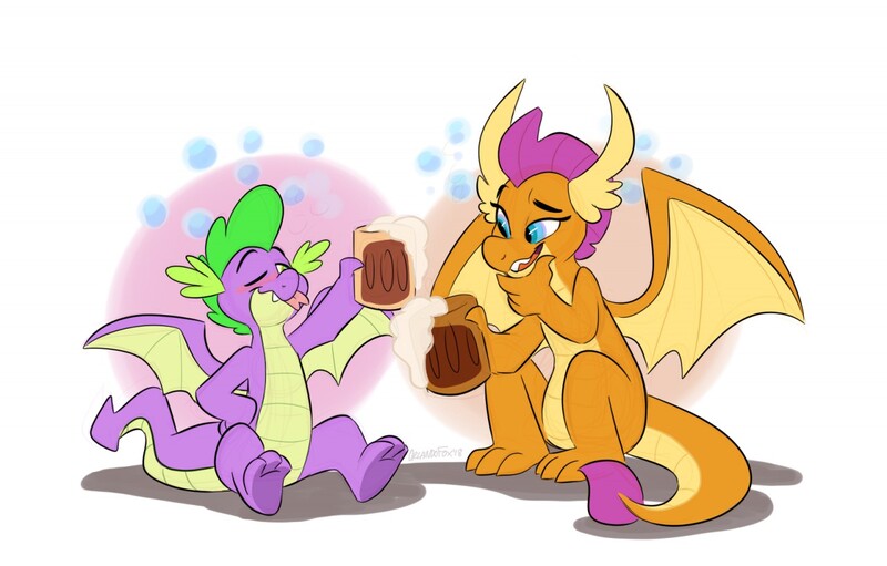 Size: 1280x818 | Tagged: alcohol, artist:thedoggygal, beer, blushing, cider, commission, derpibooru import, dragon, dragoness, drinking, drunk, drunker spike, duo, female, forked tongue, male, molt down, mug, safe, shipping, smolder, spike, spolder, straight, tankard, winged spike, wings