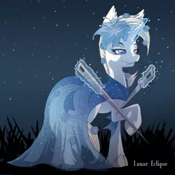 Size: 900x900 | Tagged: safe, artist:a-lunar-eclipse, deleted from derpibooru, derpibooru import, oc, oc:lunar eclipse, unofficial characters only, unicorn, blue dress, female, levitation, magic, needle, night, raised hoof, seamstress, solo, stars, telekinesis, unshorn fetlocks, white