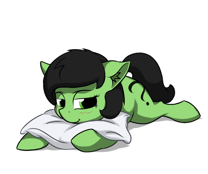 Size: 1100x920 | Tagged: safe, artist:crownhound, derpibooru import, oc, oc:anonfilly, adoranon, blushing, cute, ear fluff, female, filly, lidded eyes, looking at you, lying down, pillow, prone, smiling, solo, sploot