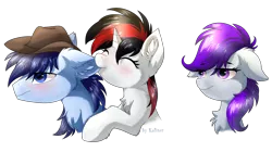 Size: 2280x1280 | Tagged: safe, artist:kaliner123, derpibooru import, oc, oc:blackjack, oc:morning glory (project horizons), oc:p-21, unofficial characters only, earth pony, pegasus, pony, unicorn, fallout equestria, fallout equestria: project horizons, biting, blushing, chest fluff, ear bite, ear fluff, fanfic art, frown, hat, pjack, simple background, smiling, transparent background