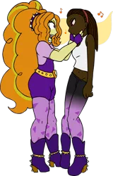 Size: 658x1030 | Tagged: safe, artist:shennanigma, derpibooru import, adagio dazzle, oc, oc:april, equestria girls, commission, duo, duo female, female, hands on face, human oc, hypnosis, simple background, singing, transformation, transparent background, twinning