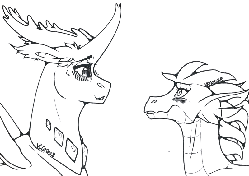 Size: 1280x905 | Tagged: artist:nightmare-moons-throneroom, black and white, blushing, changedling, changeling, derpibooru import, dragon, ear fluff, floppy ears, gay, grayscale, king thorax, lineart, looking at each other, male, monochrome, safe, shipping, simple background, smiling, spike, sweat, sweatdrop, thorax, thoraxspike, white background