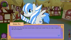 Size: 1280x720 | Tagged: safe, artist:sodadoodle, derpibooru import, oc, oc:dizzy fix, unofficial characters only, pegasus, pony, clothes, legends of equestria, looking at you, smiling, socks, solo, striped socks, talking, talking to viewer, text