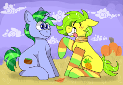 Size: 1081x749 | Tagged: safe, artist:peanutcat62, derpibooru import, oc, oc:timothy crate, unofficial characters only, earth pony, pony, unicorn, pony town, animated, blinking, blue eyes, boop, clothes, cloud, cutie mark, duo, food, gif, grass, leaf, mane, pineapple, pumpkin, sitting, sky, socks, striped socks, tail, tongue out