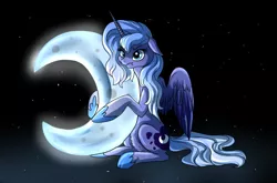 Size: 740x489 | Tagged: dead source, safe, artist:marbola, derpibooru import, princess luna, alicorn, pony, crescent moon, cutie mark, female, floppy ears, mare, moon, s1 luna, sitting, solo, stars, tangible heavenly object