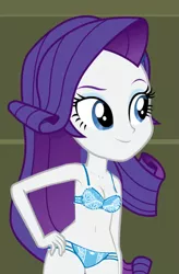 Size: 471x720 | Tagged: suggestive, derpibooru import, edit, edited screencap, editor:aisuroma, screencap, rarity, equestria girls, friendship games, belly button, blue underwear, bra, breasts, cleavage, clothes, cropped, female, hand on hip, hips, lingerarity, lingerie, panties, sexy, solo, solo female, underwear, underwear edit